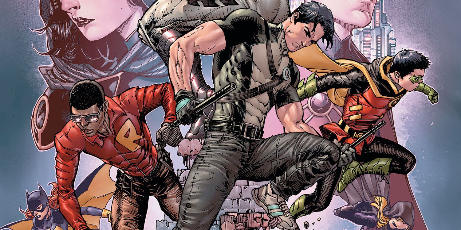 Grayson, Damian, Duke, and Barabara leap over rooftops in Batman Eternal