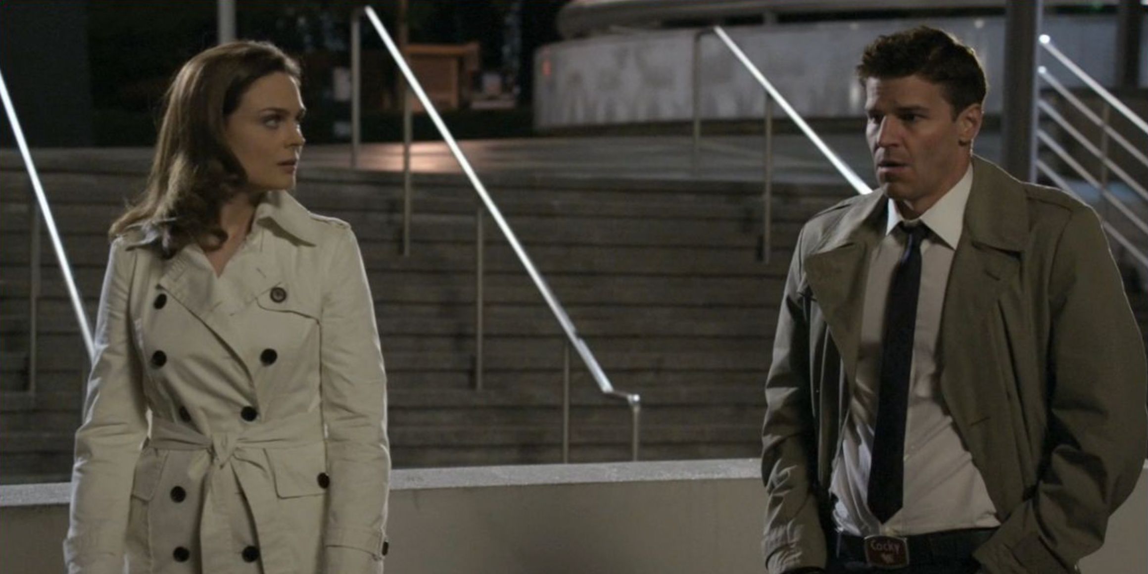 Brennan and Booth stand apart from one another in the 100th episode of Bones