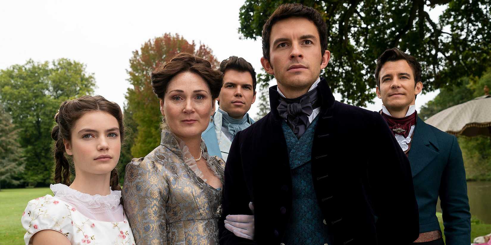Hyacinth, Violet, Anthony, Colin, and Benedict standing together in Bridgerton