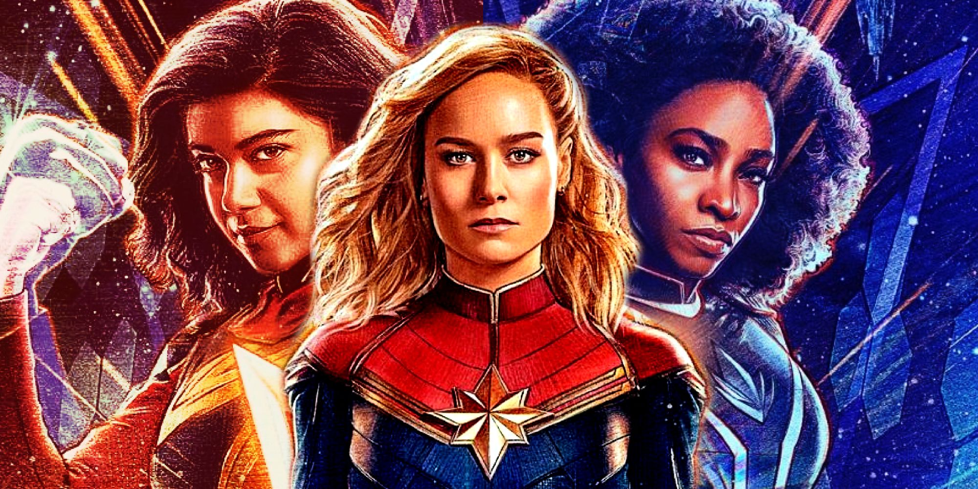 Brie Larson, Iman Vellani, and Teyonah Parris in an artistic render for The Marvels' poster
