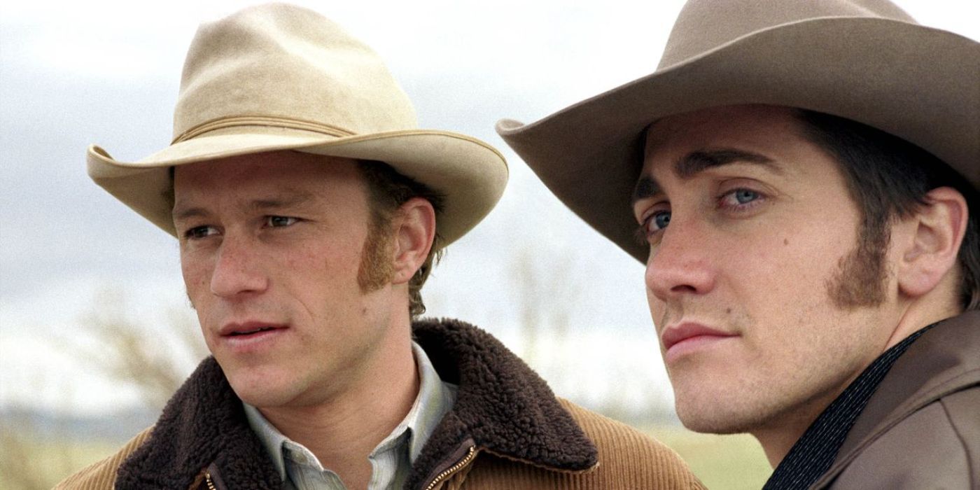 Ennis and Jack looking off in the distance in Brokeback Mountain 