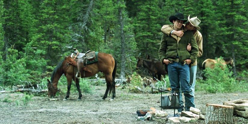 Jack (Jake Gyllenhaal) and Ennis (Heath Ledger) embrace amid the beautiful frontier in Brokeback Mountain