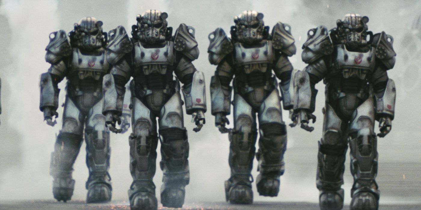Four members of the Brotherhood of Steel walking through a misty background toward the camera in the live-action Fallout show