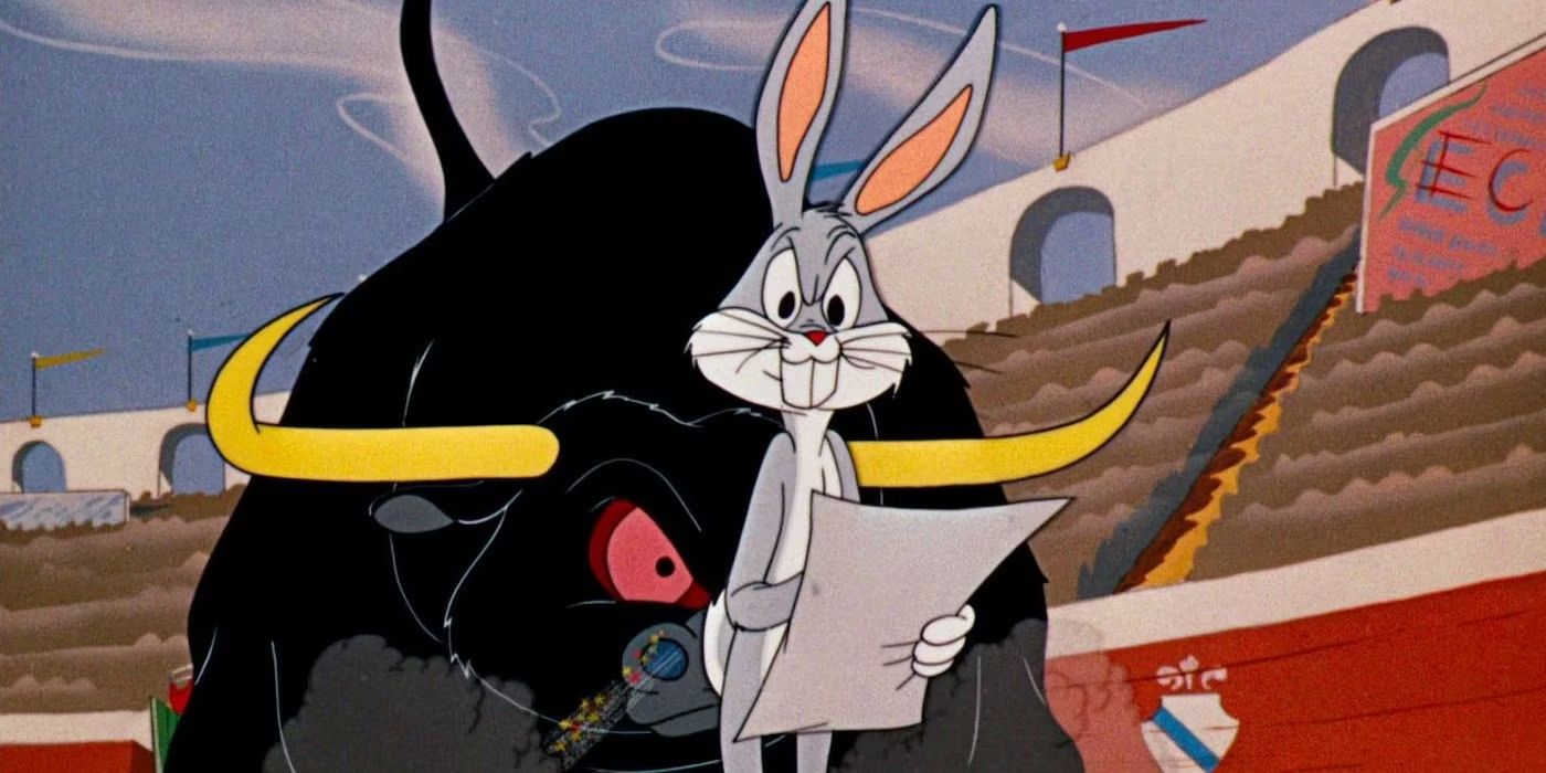 Bugs Bunny standing in front of a bull looking angry in Bully for Bugs Looney Tunes short