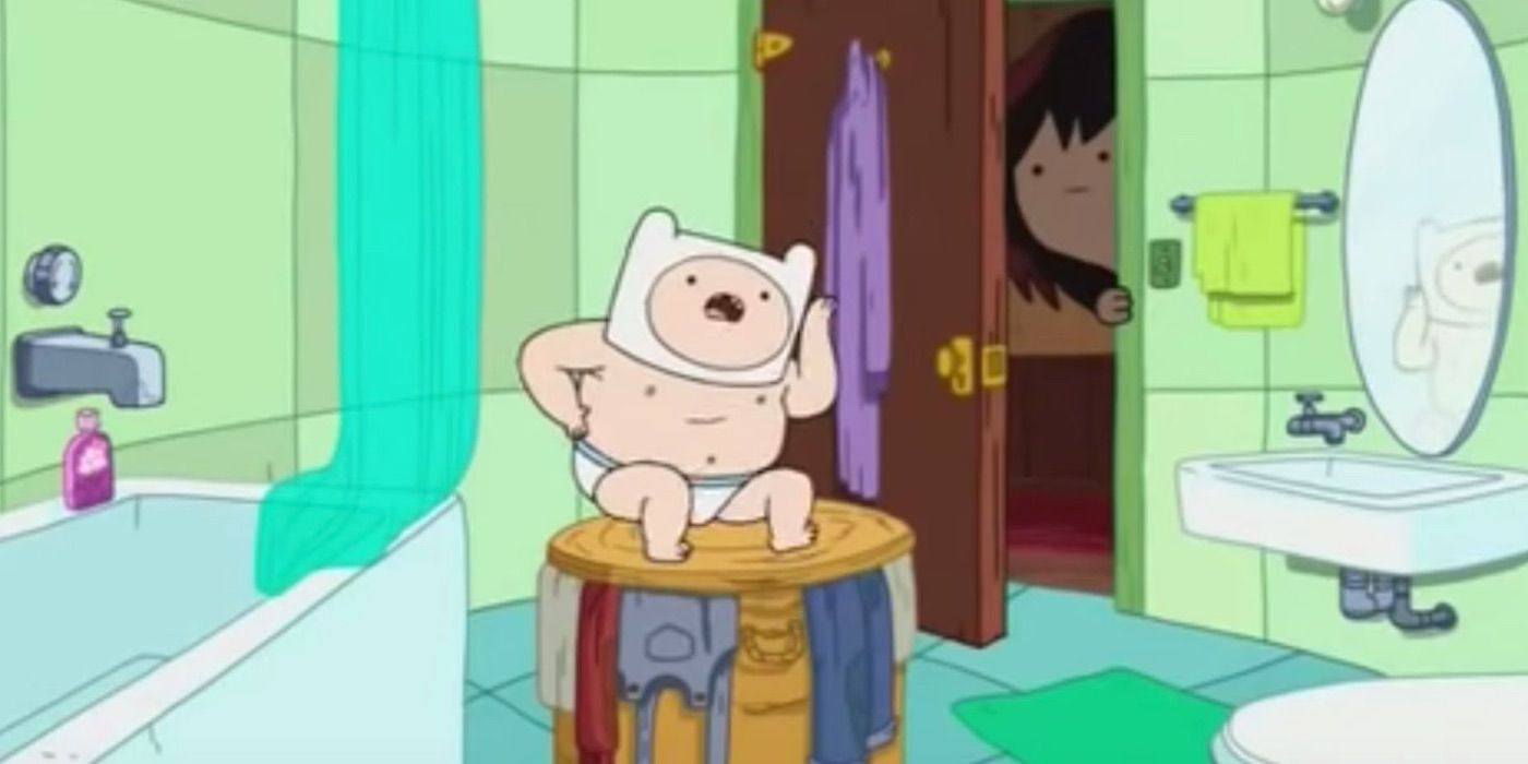 Baby Finn singing and dancing in a bathroom in Adventure Time.