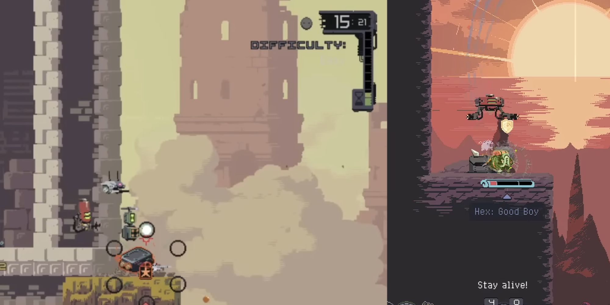 Finding the battery (left) and storing it in a chest for the next run (right) in Risk of Rain Returns