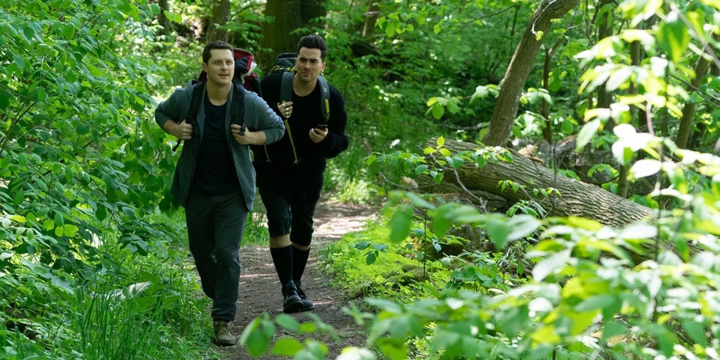 Patrick leads David on a hike through the forest in Schitt&rsquo;s Creek.