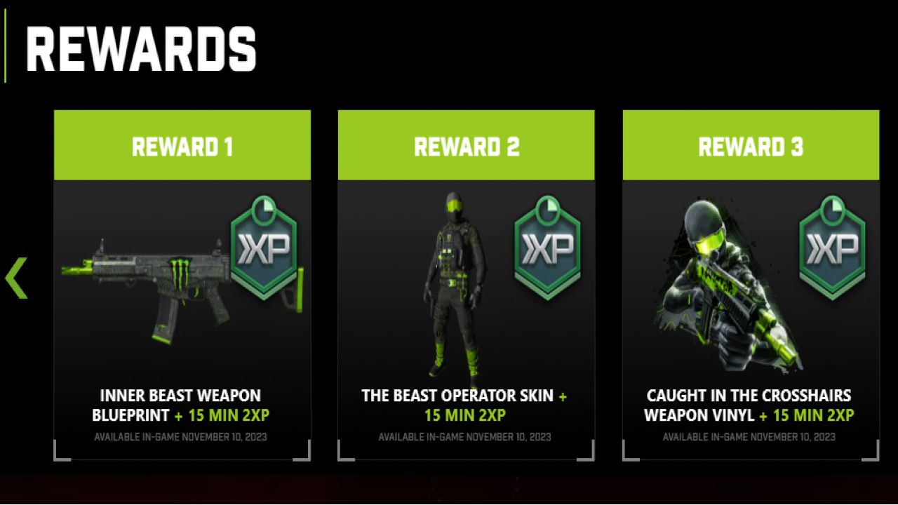 Primera página de recompensas promocionales de Monster Energy de Call Of Duty Modern Warfare 3 con planos de armas, diseño de operador, vinilo de armas y fichas de XP doble