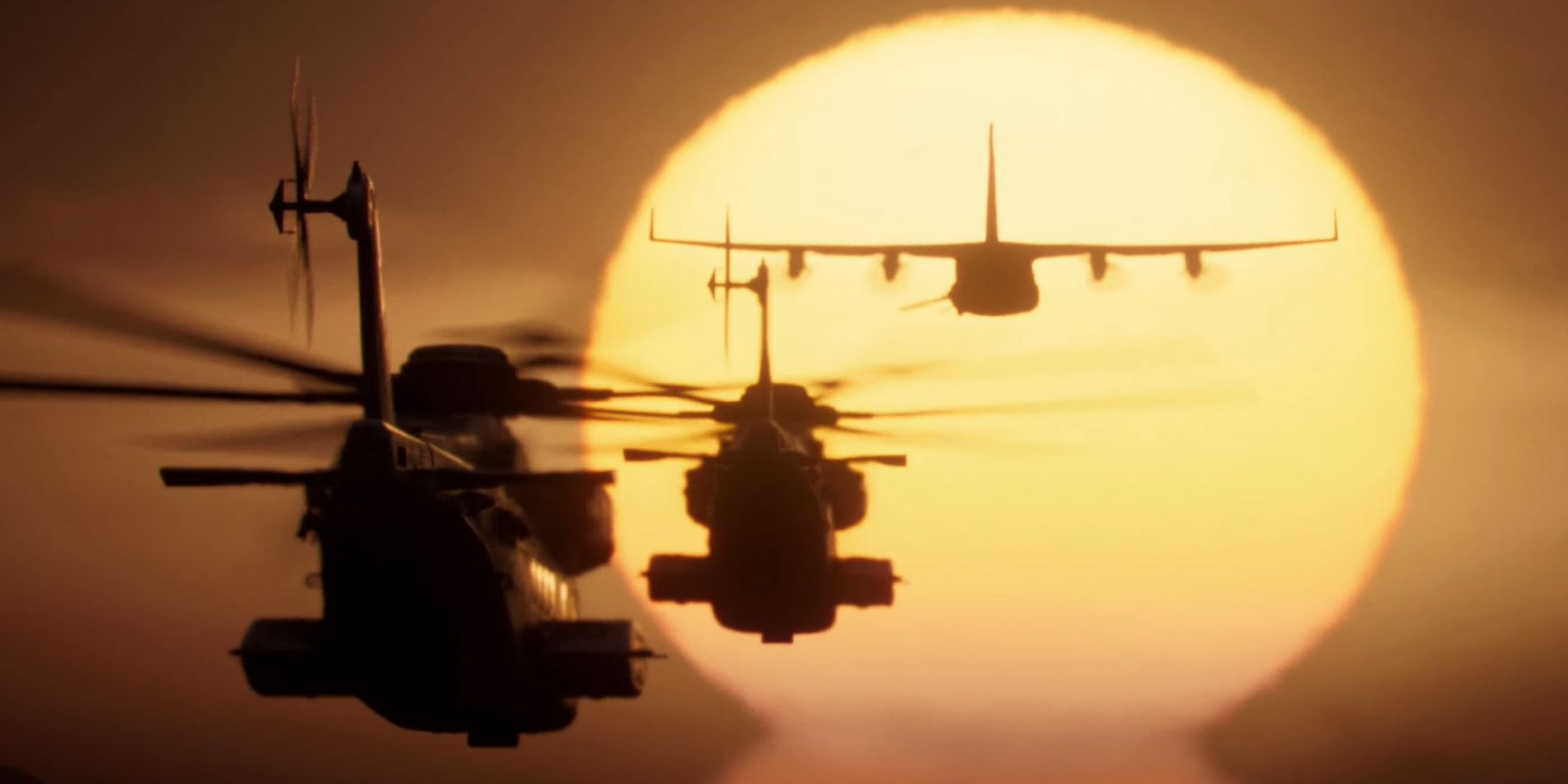 Screenshot from Call of Duty MW3 cinematic shows a AC 130 plan flying towards the sun with two helicopters following it.