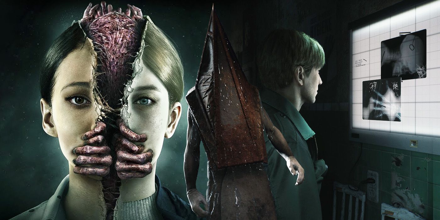 A composite of several images from upcoming Silent Hill properties: a brainlike entity splits a girl's face into two, unidentical parts; Pyramid Head lurks in the shadows; James Sundlerland stares at some x-rays.