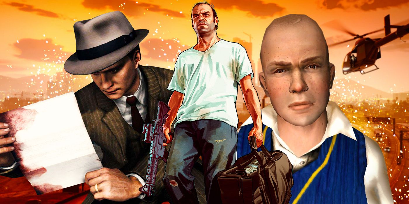 Jimmy Hopkins from Bully, Trevor from Grand Theft Auto 5, and Cole Phelps from LA Noire.