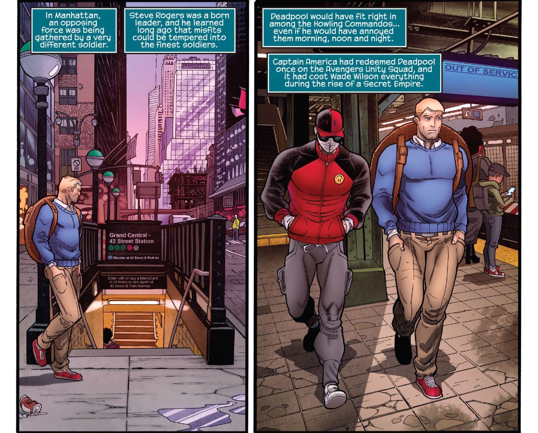 Cap and Deadpool in civilian attire, from Uncanny Avengers #1