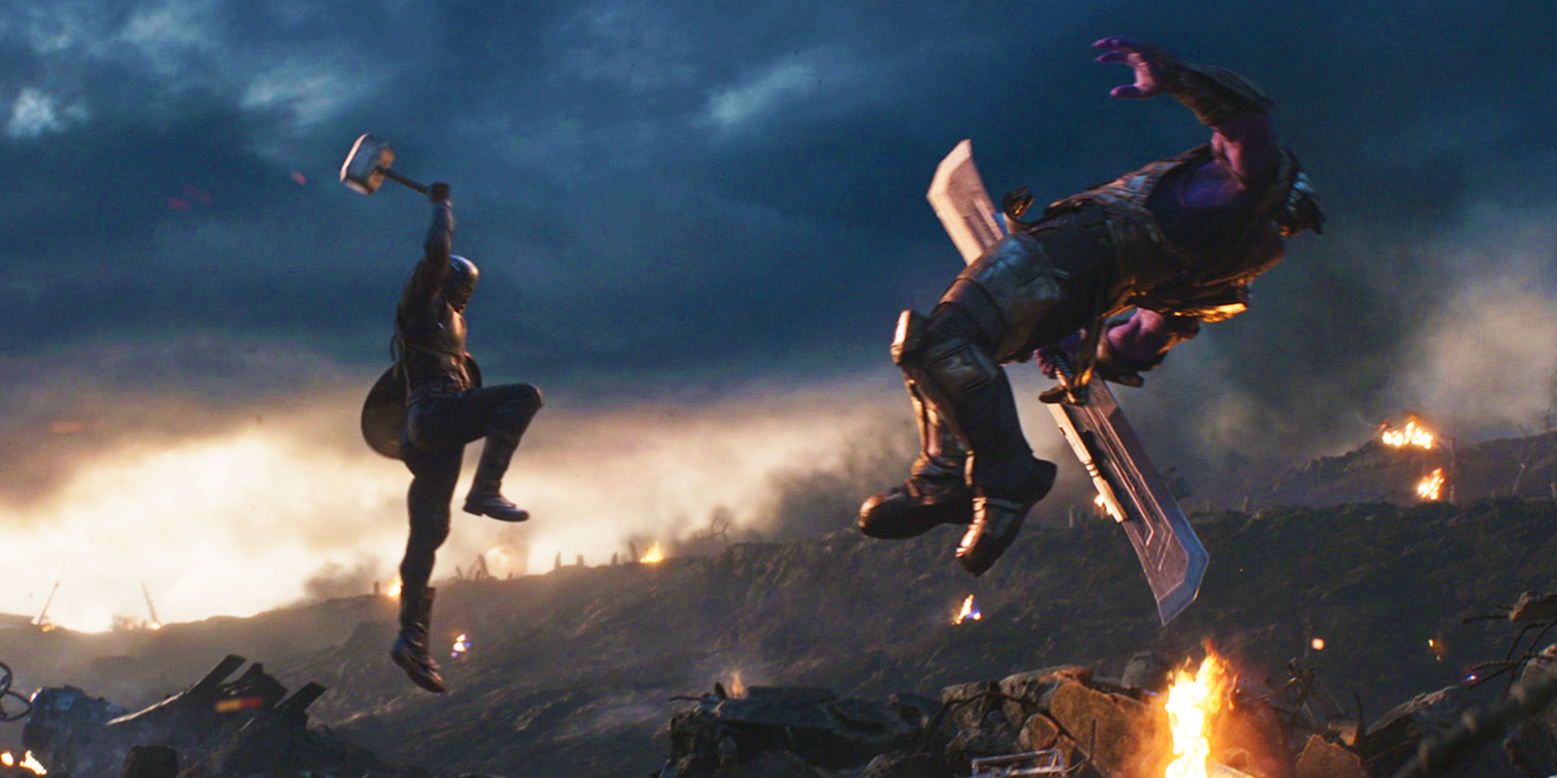 Captain America hitting Thanos with Mjolnir in Avengers Endgame