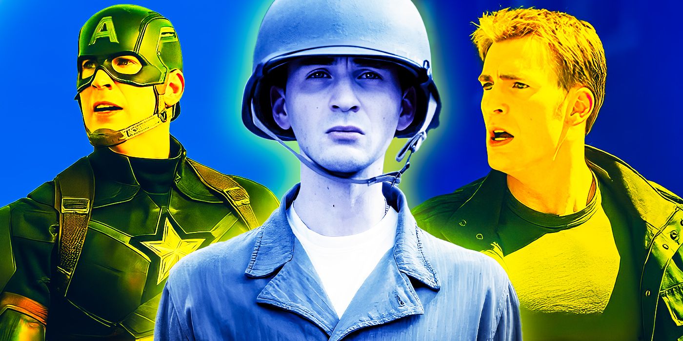 Featured Image: MCU Captain America (left); skinny Steve Rogers pre-serum (center); Rogers dressed as as civilian (right)