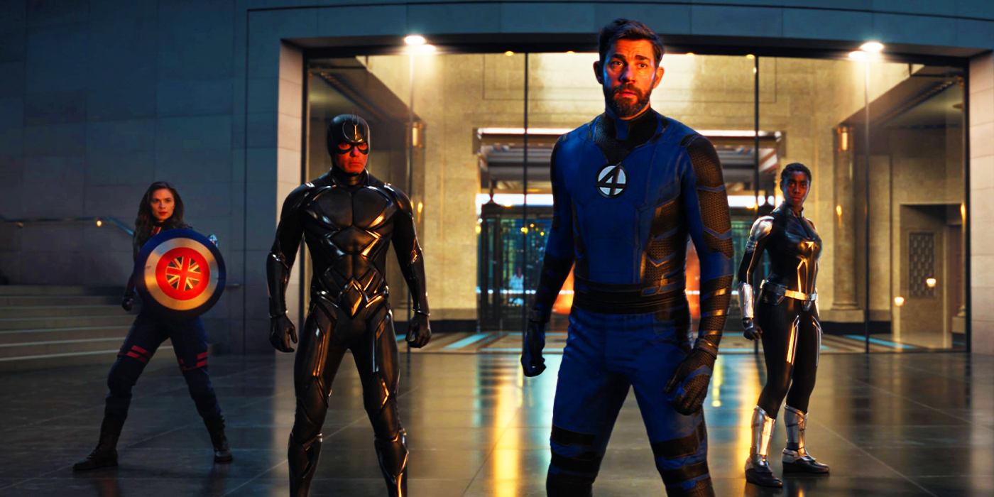 Captain Carter, Black Bolt, Reed Richards, and Captain Marvel in the Baxter Foundation building in Doctor Strange in the Multiverse of Madness