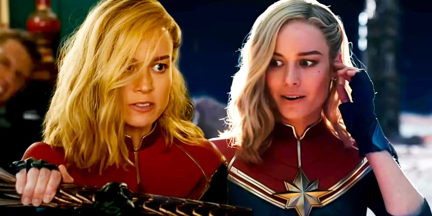 Custom image of Captain Marvel holding a Kree enemy's weapon and Captain Marvel with her hand on her ear in The Marvels.