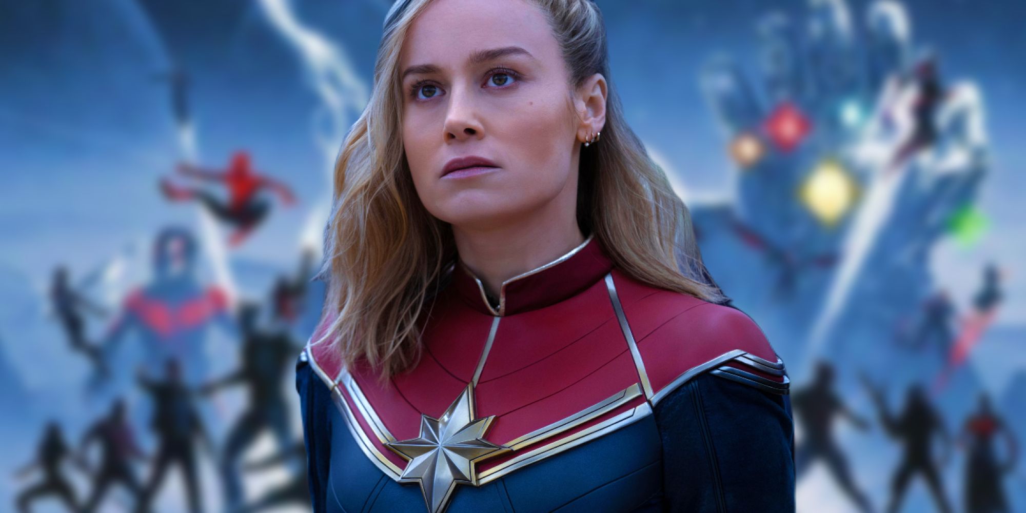 Captain Marvel looking distressed in The Marvels atop a blurred image of the MCU's heroes from the Infinity Saga