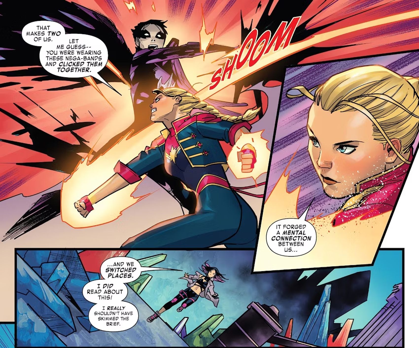 panels from Captain Marvel (2023) #1, Carol Danvers fighting new villain the Omen