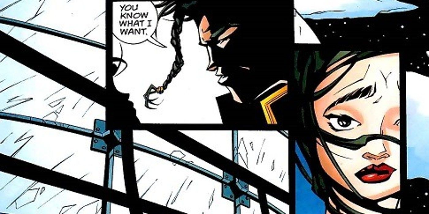 Comic book panels: Cassandra Cain Batgirl and Black Wind standing in shadows.