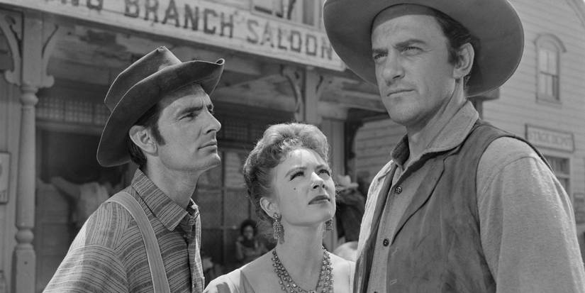 Dennis Weaver, Amanda Blake, and James Arness as Chester Goode, Kitty Russel, and Matt Dillon in Gunsmoke