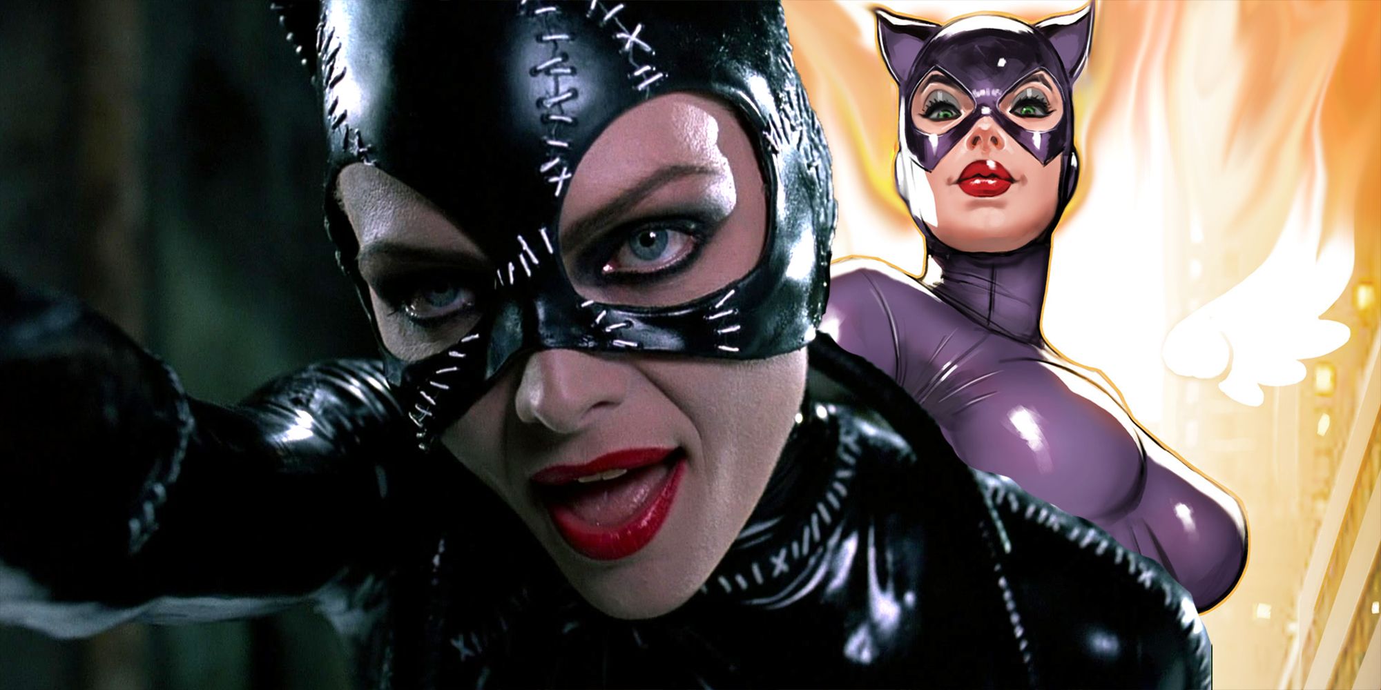 Mulher-Gato de Batman Returns com quadrinhos Mulher-Gato 