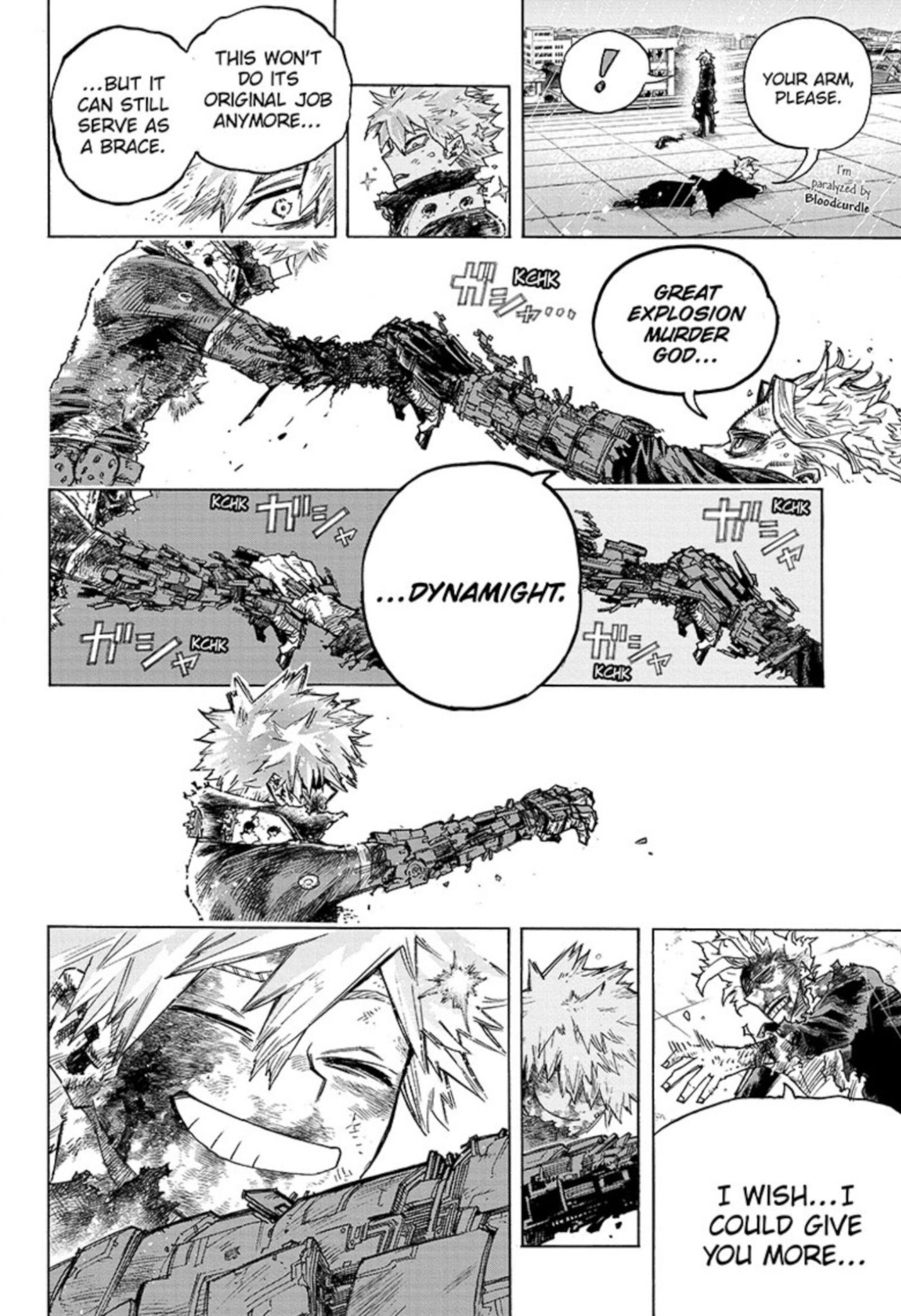 Manga panels from My Hero Academia 405 show All Might giving Bakugo the last parts of his advanced armor.