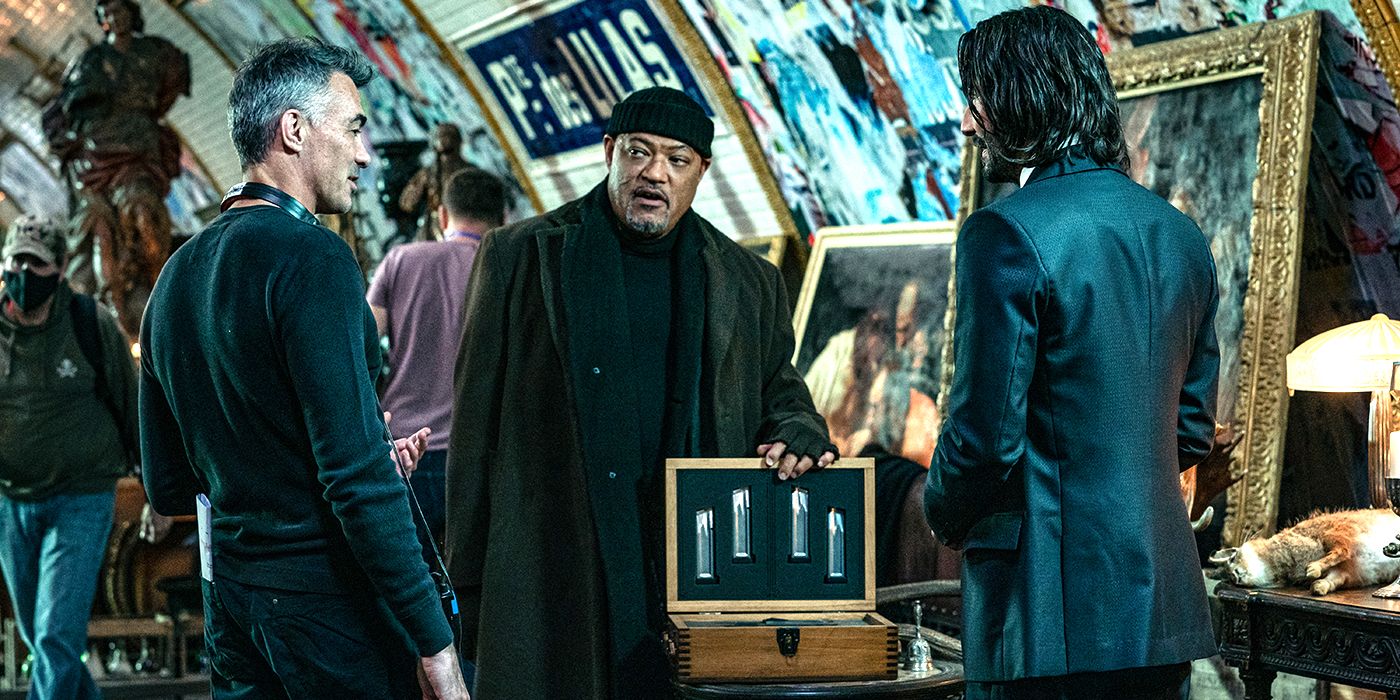 Chad Stahelski, Laurence Fishburne and Keanu Reeves on John Wick Chapter 4 set