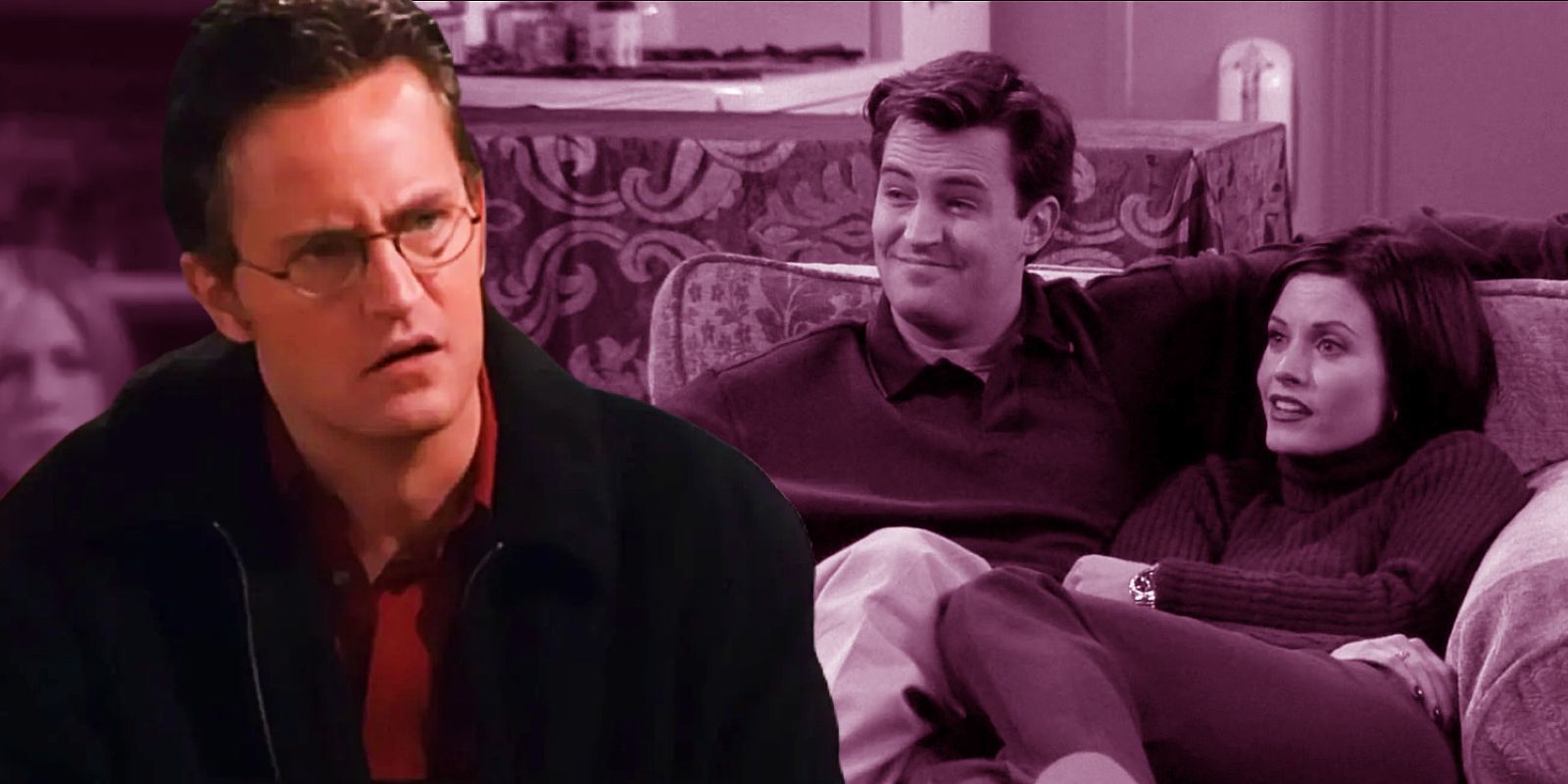 This collage shows Chandler from season 8 looking at Chandler and Monica sitting on a chair together.