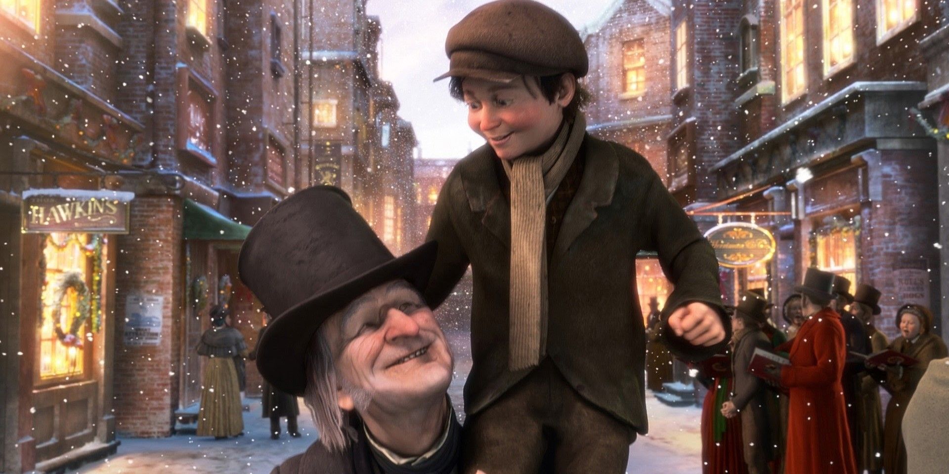 Tiny Tim sitting on Ebeneezer Scrooge's shoulder in A Christmas Carol