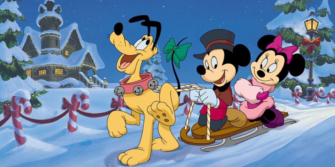 Mickey and Minnie on a sleigh pulled by Goofy in Once Upon a Christmas