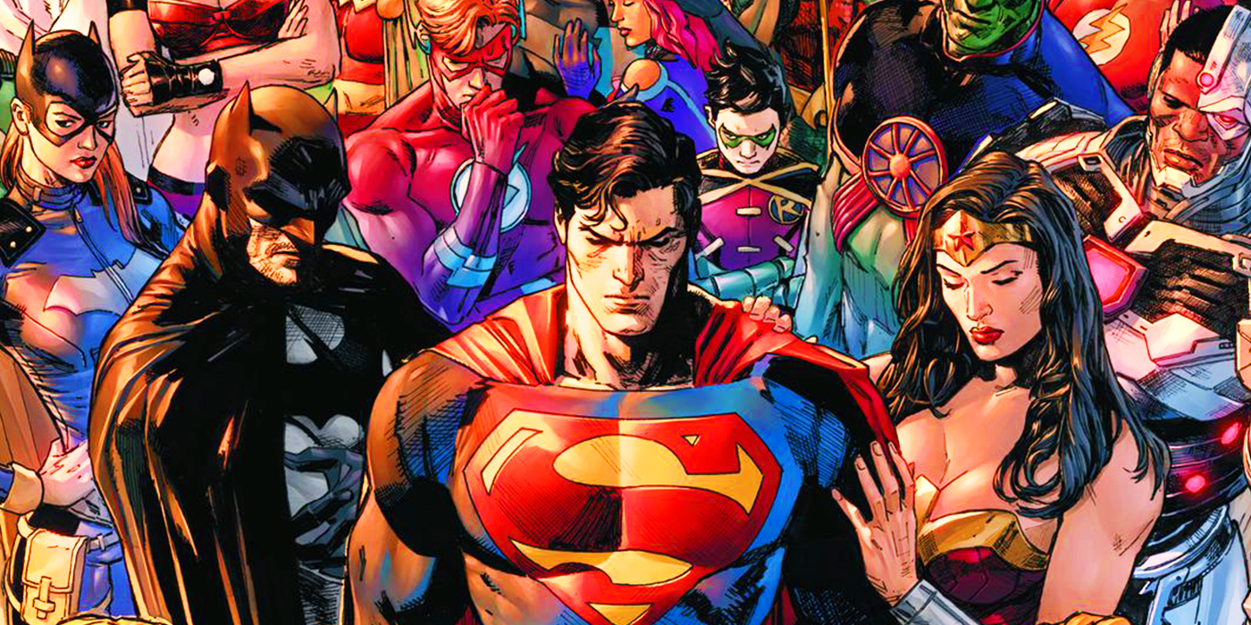Characters in DC Comics including Batman, Superman, and Wonder Woman