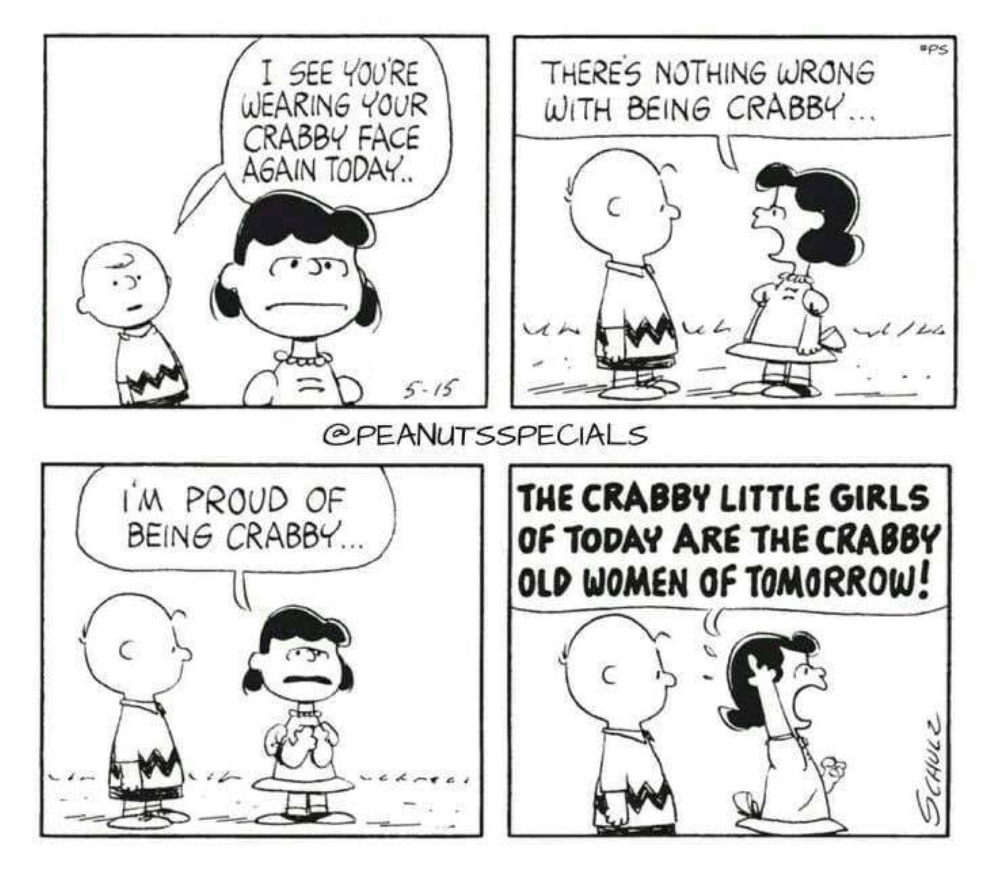 Charlie Brown tells Lucy she is wearing her Crabby Face