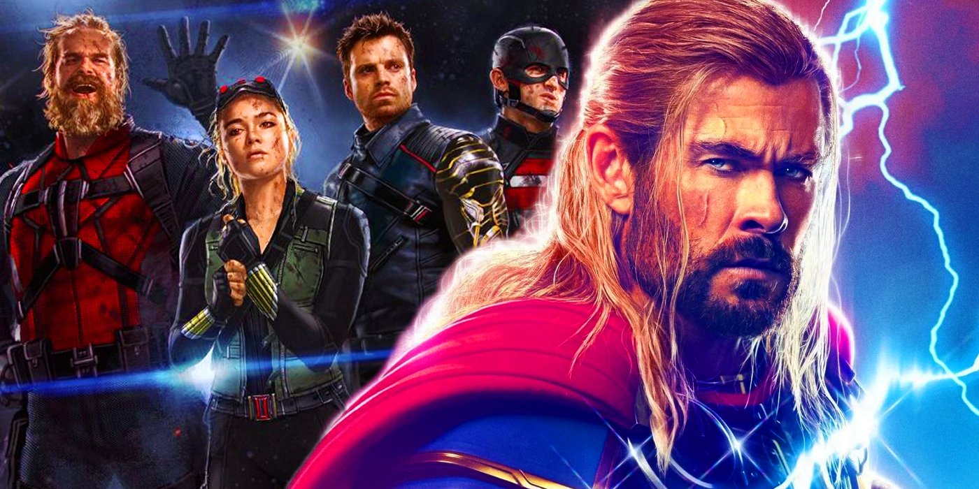Chris Hemsworth in Thor Love and Thunder poster with Red Guardian, Yelena Belova, Bucky Barnes, and US Agent in Thunderbolts promo
