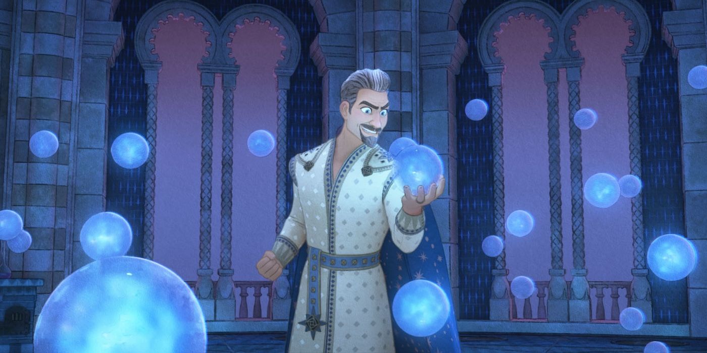 King Magnifico, voiced by Chris Pine, holds glowing orbs containing the wishes of people in his kingdom.