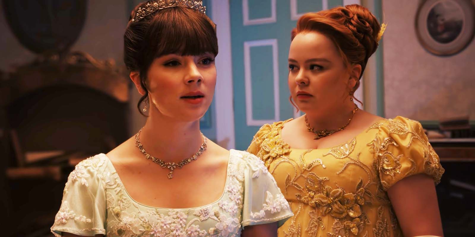 Claudia Jessie as Eloise Bridgerton and Nicola Coughlan as Penelope Featherington in Bridgerton season 2 episode 8