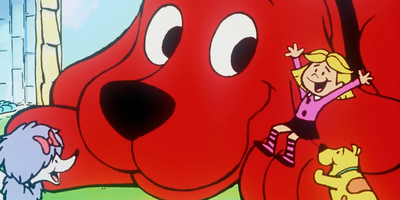 Clifford the big red dog with other dogs and a girl
