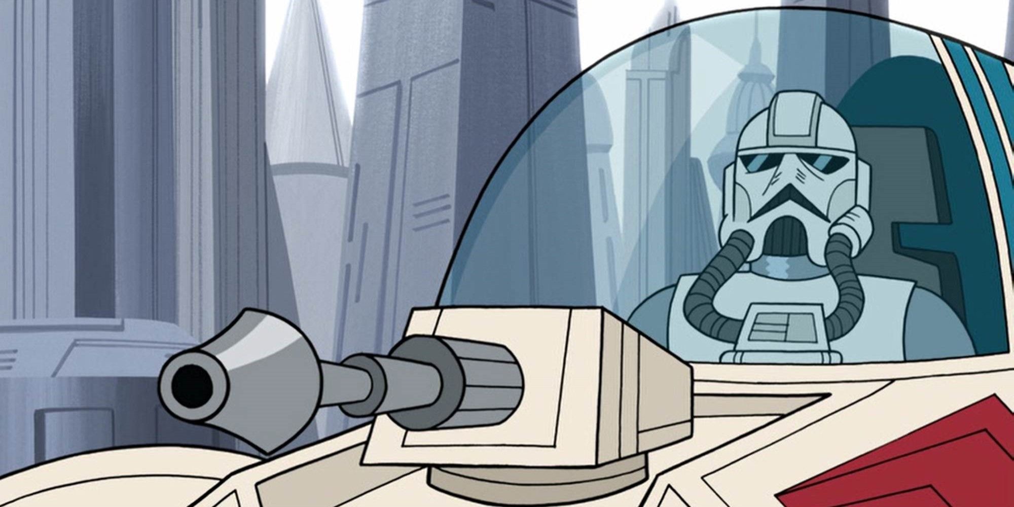 A Clone Pilot operates the tail gun of an ARC-170 on Coruscant in Star Wars Clone Wars.
