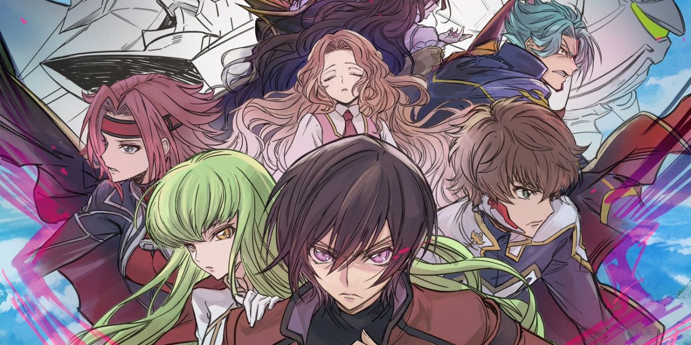 Code Geass Lelouch of the Rebellion, Featuring a Posing Lelouch and Others in front of a blue sky background