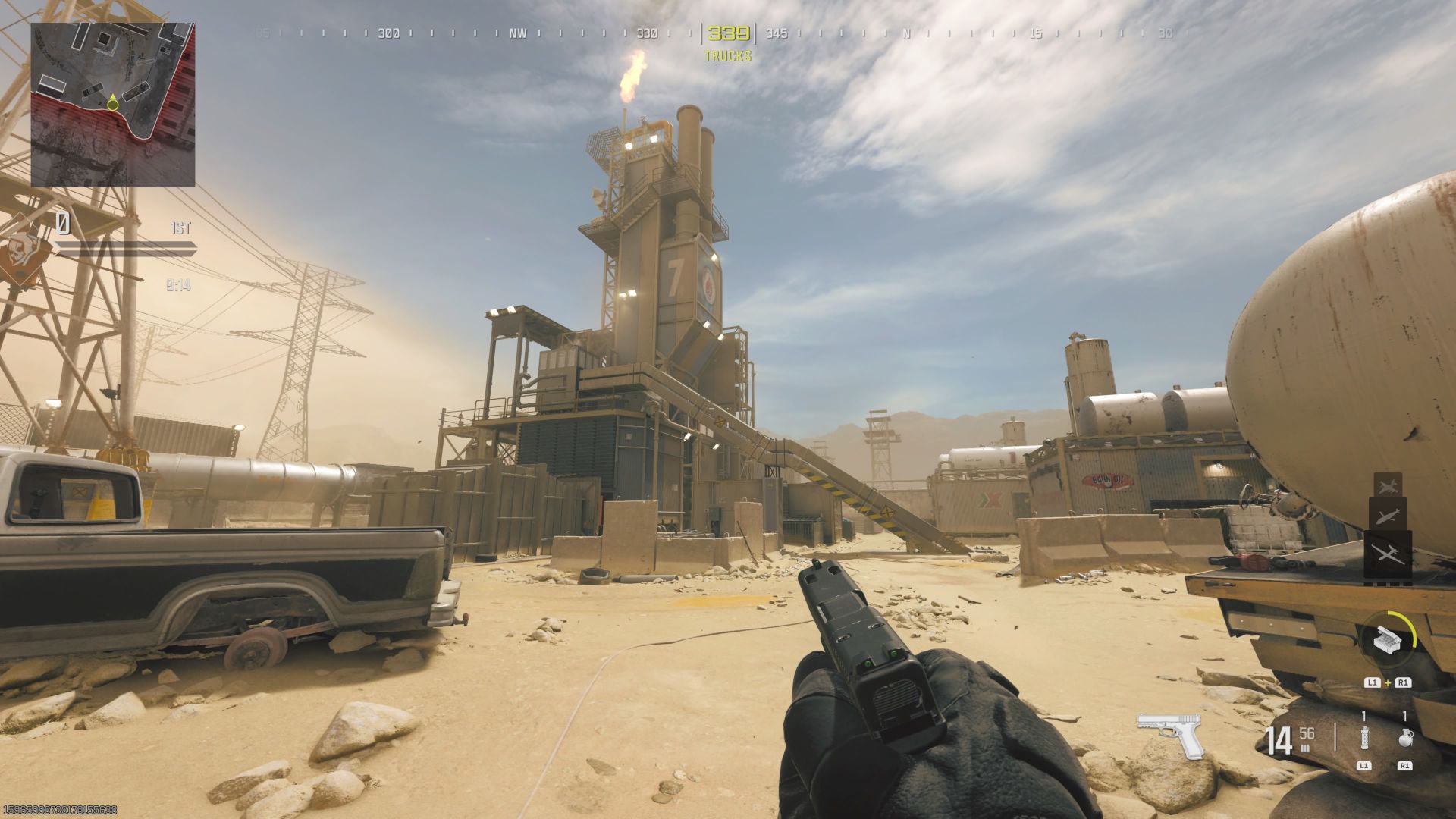 Screenshot from MW3 multiplayer map Rust shows the small desert arena with a large oil extractor in the middle with fire erupting from the top.