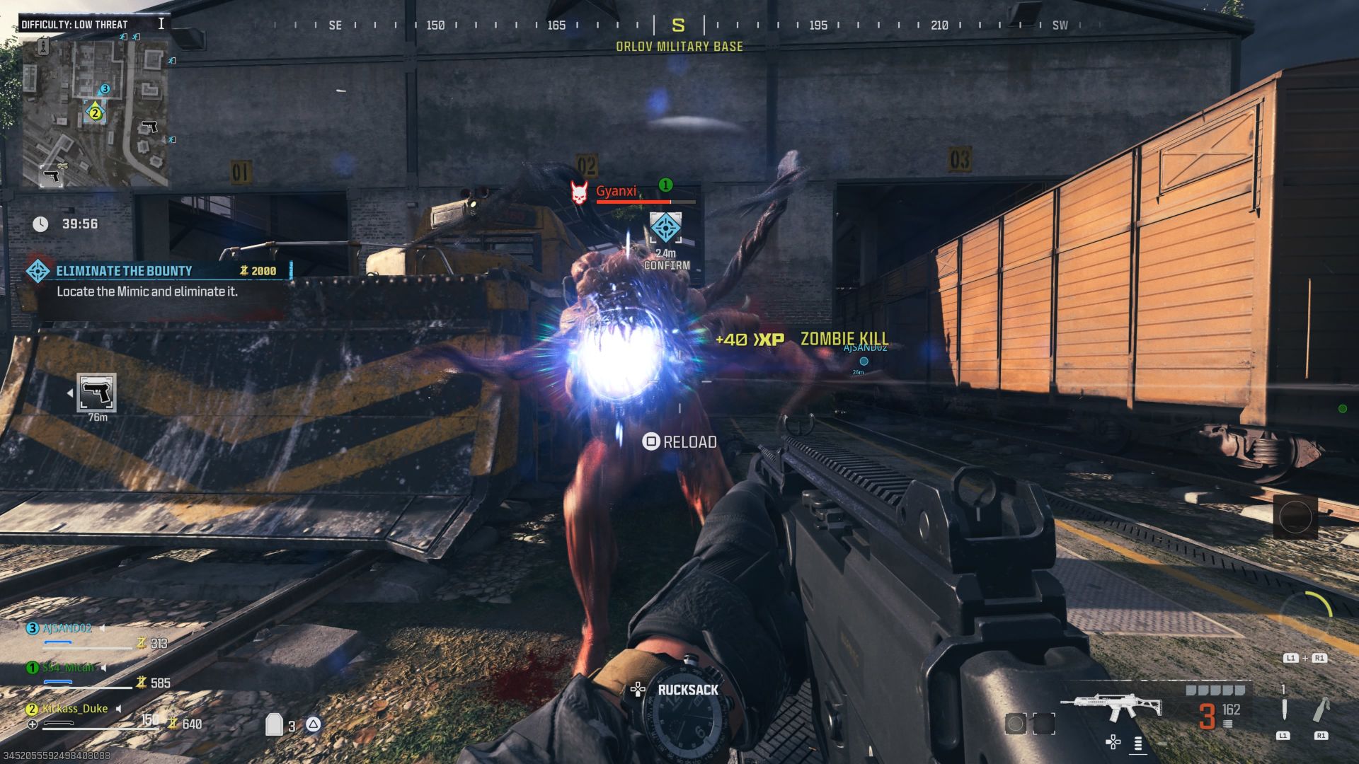 Screenshot from Call of Duty Modern Warefare 3 Zombie mode shows a mimic boss running towards the player with a bring glowing light in it's center and fleshy tendrils outstretched.