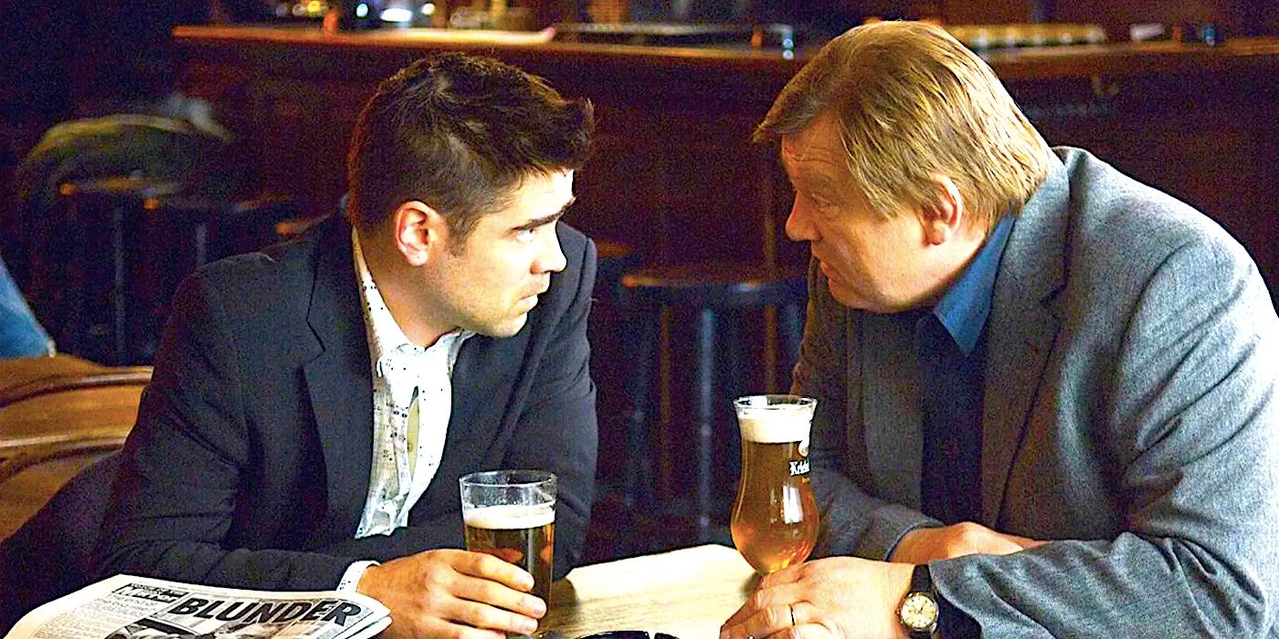 Colin Farrell and Brendan Gleeson talk over pints of beer in In Bruges