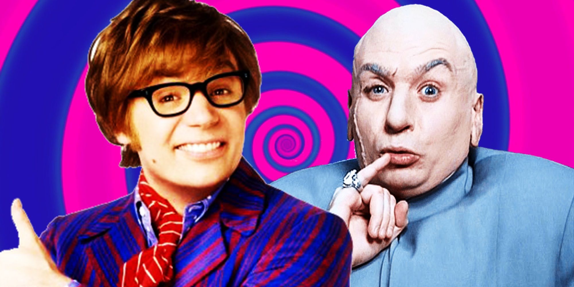 Collage of Austin Powers and Dr Evil against a psychedelic backdrop
