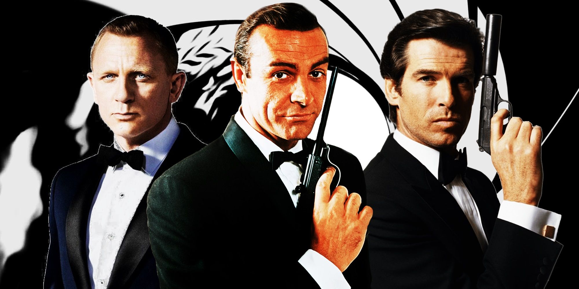 Collage of Daniel Craig, Sean Connery, and Pierce Brosnan as James Bond