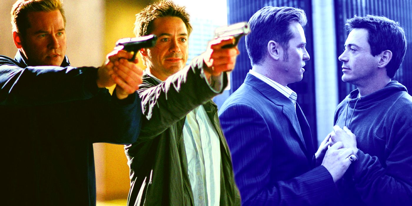 Collage of Harry and Perry pointing guns and smiling at each other in Kiss Kiss Bang Bang.