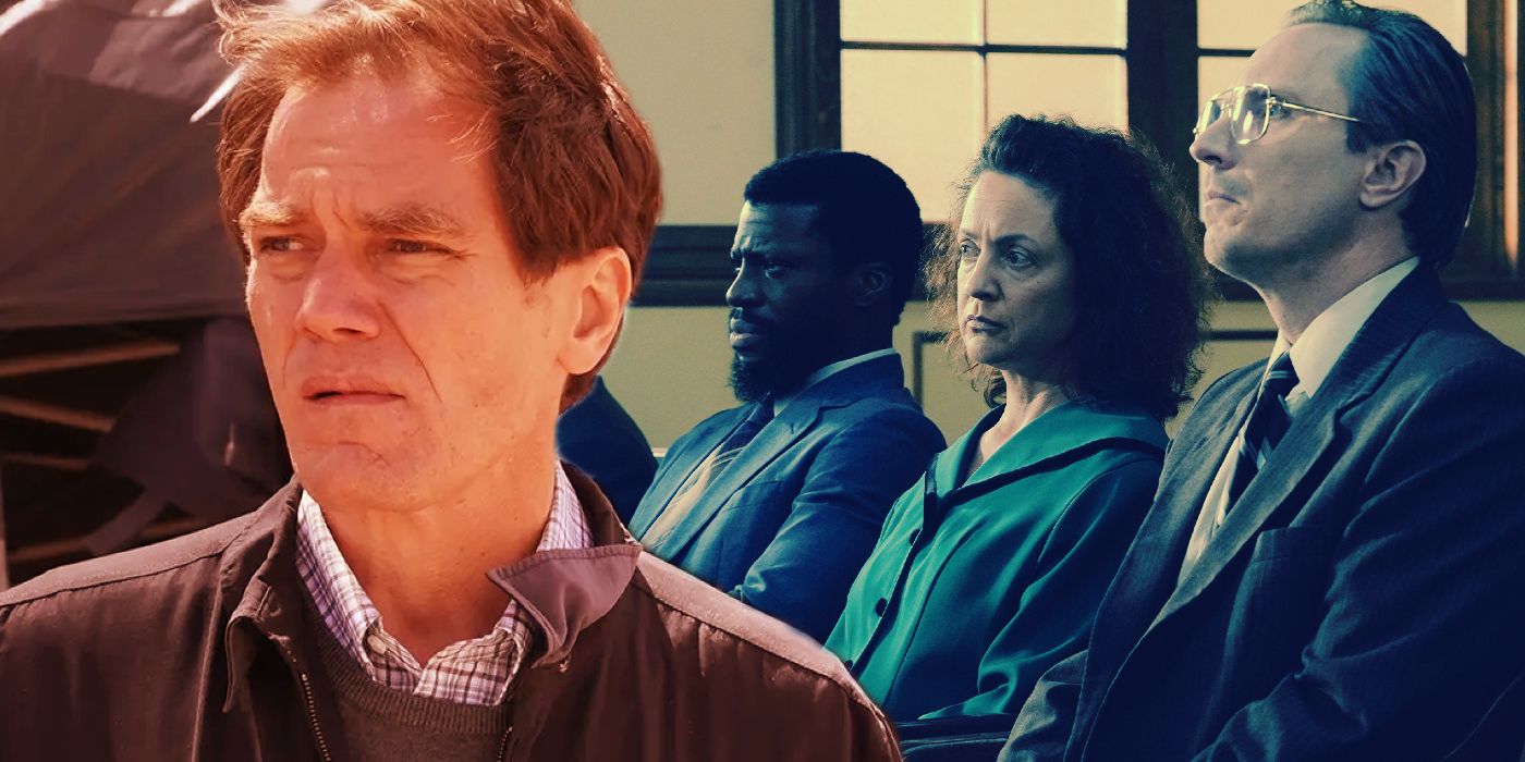 Collage of Michael Shannon as Gary Noesner and other characters sitting in a courtroom in Waco The Aftermath.