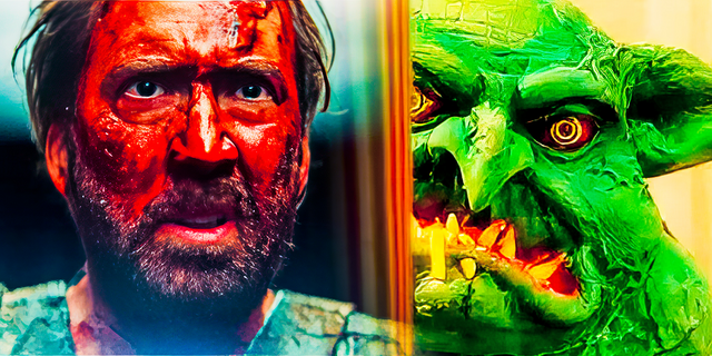 Collage of Nicolas Cage's Red and the Cheddar Goblin lurking in Mandy