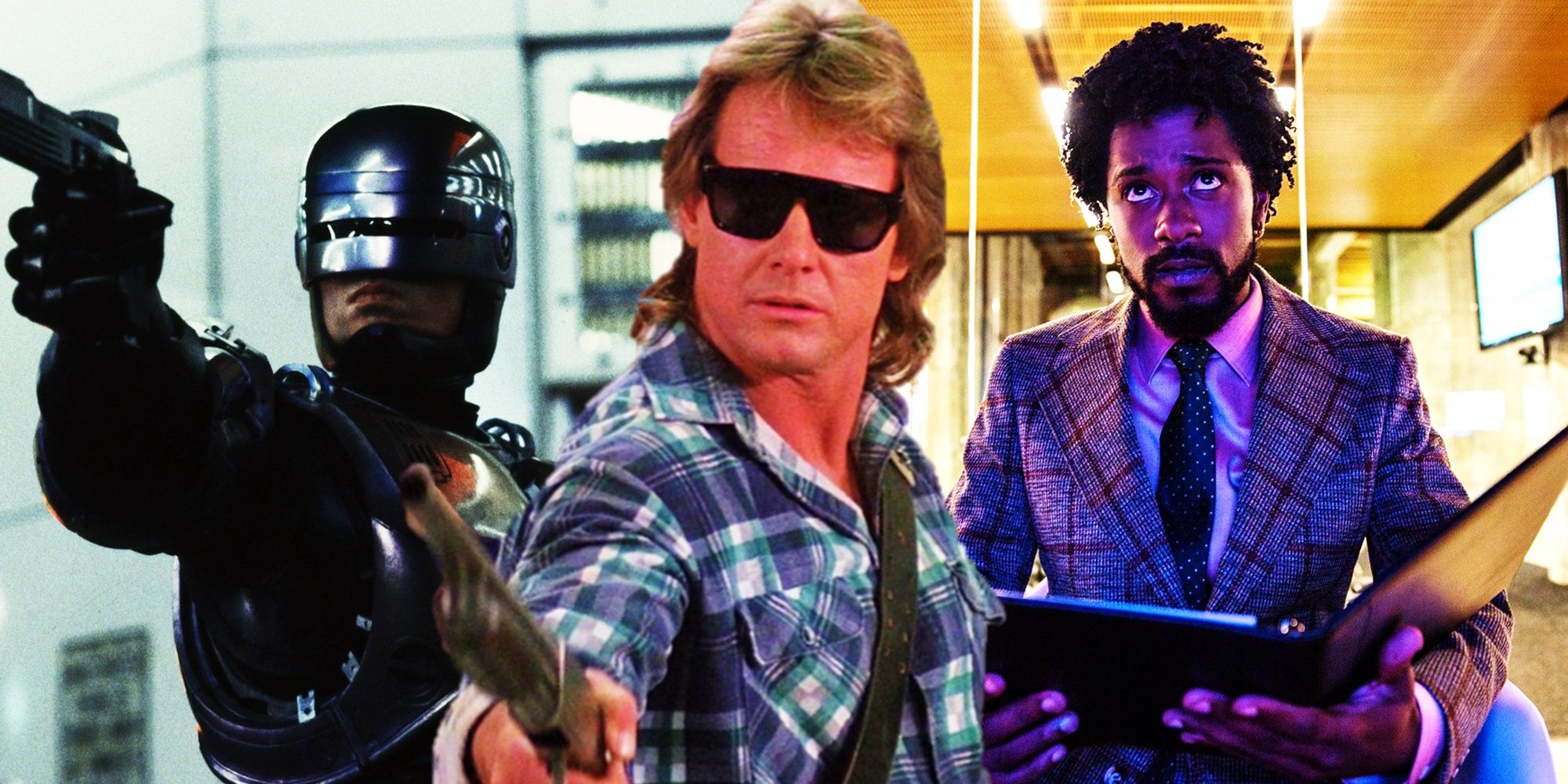 Collage of RoboCop, Roddy Piper in They Live, and LaKeith Stanfield in Sorry to Bother You