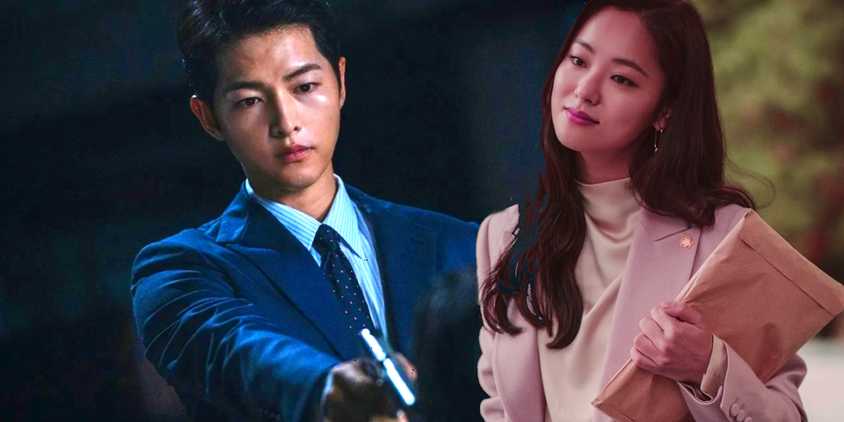Collage of Vincenzo pointing a gun and Hong Cha-young holding a folder.