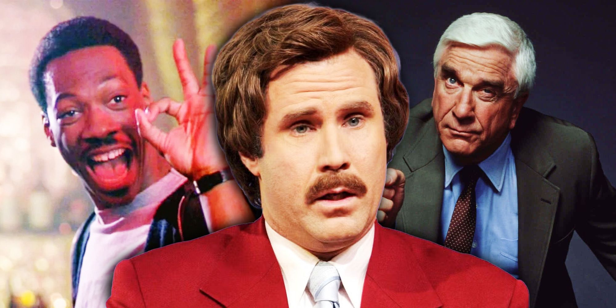 iconic men in comedy movies collage: Eddie Murphy in Beverly Hills Cop, Will Ferrell in Anchorman and Leslie Nielsen in The Naked Gun
