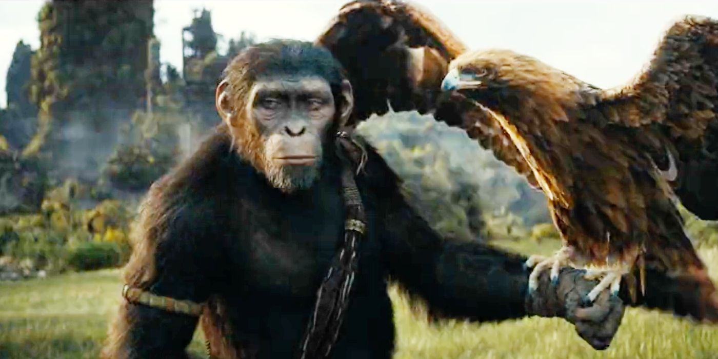 Cornelius with an eagle on his arm and an overgrown city behind him in Kingdom of the Planet of the Apes.